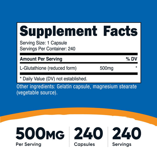 Nutricost Glutathione capsules label shows 500 mg per serving.