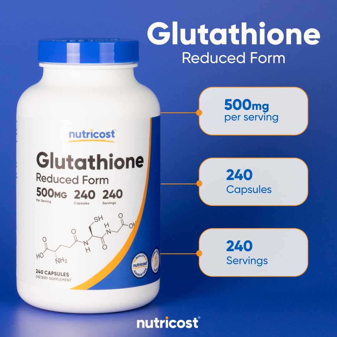 Nutricost Glutathione capsules non-GMO certification seal.