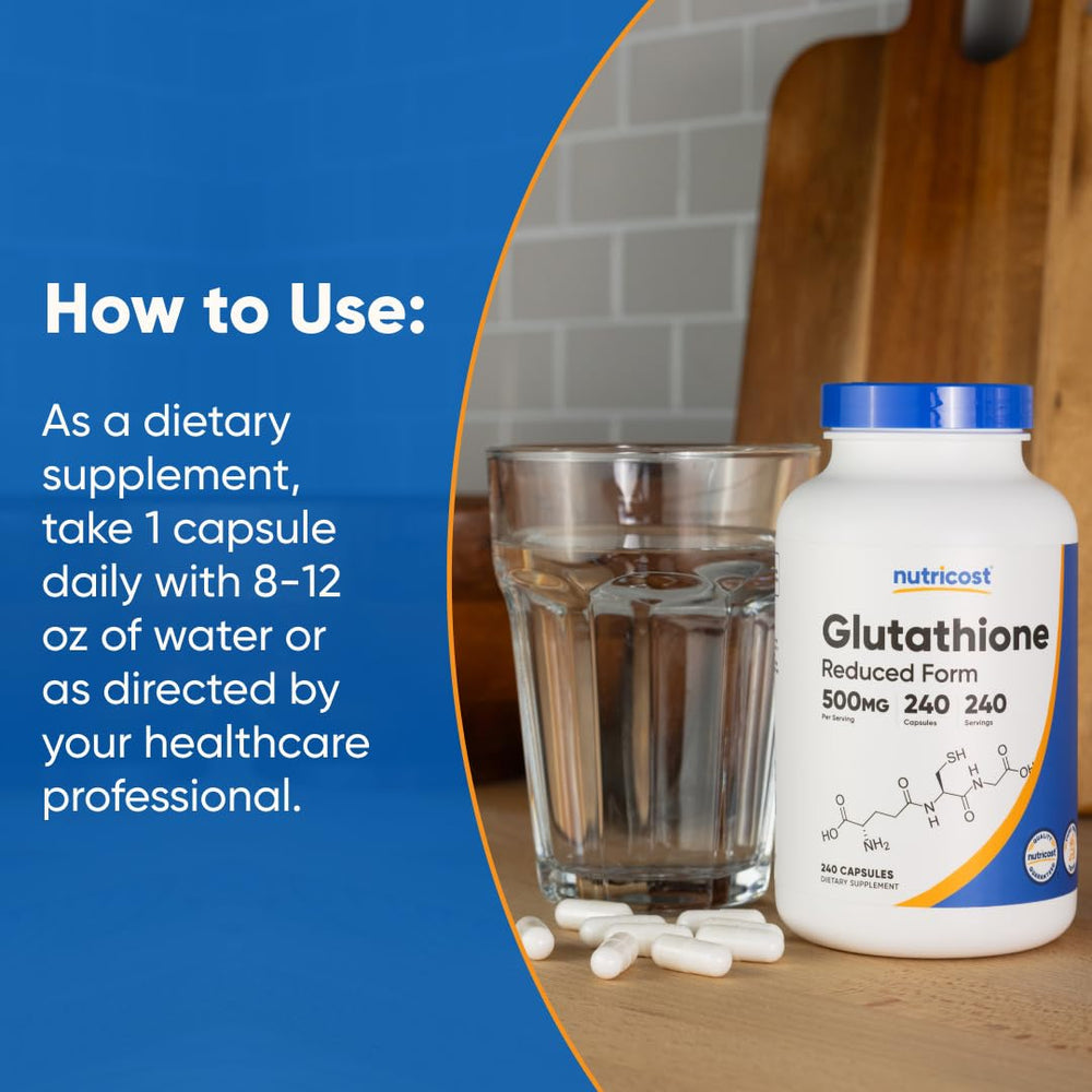 Nutricost Glutathione capsules third-party testing certificate visible.