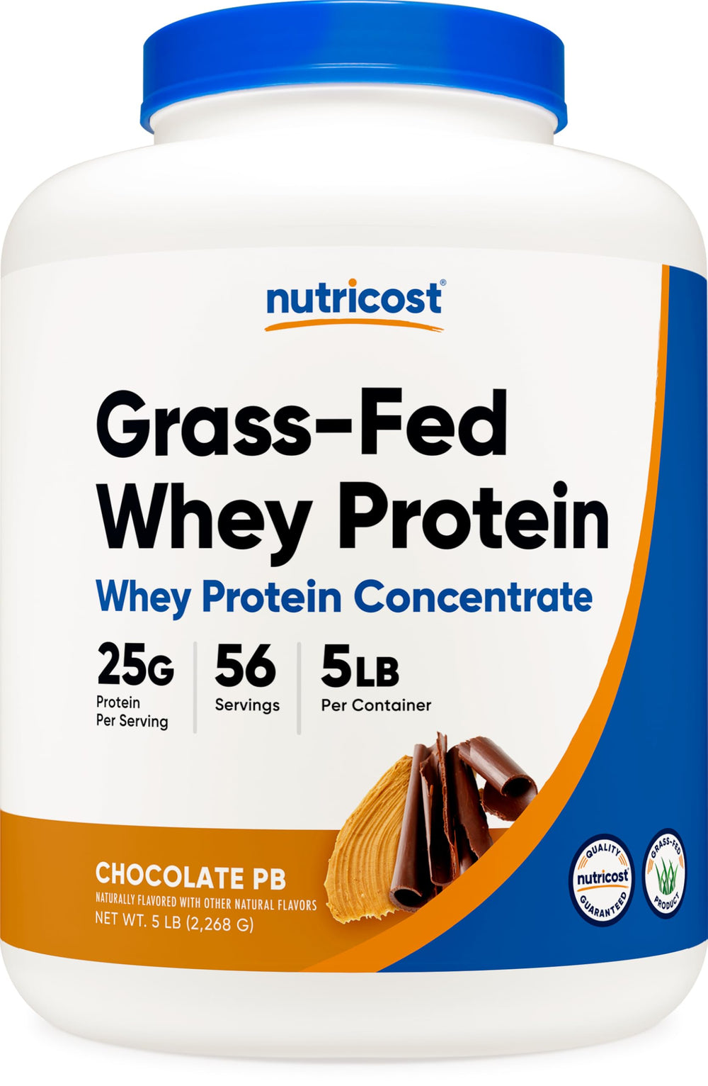 Nutricost grass-fed whey chocolate peanut butter jar for post-workout recovery and muscle support.