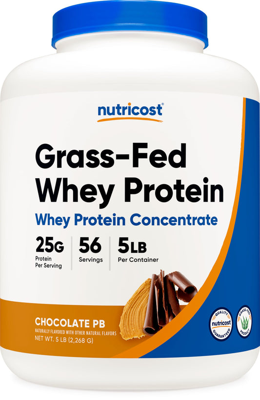 Nutricost grass-fed whey chocolate peanut butter jar for post-workout recovery and muscle support.