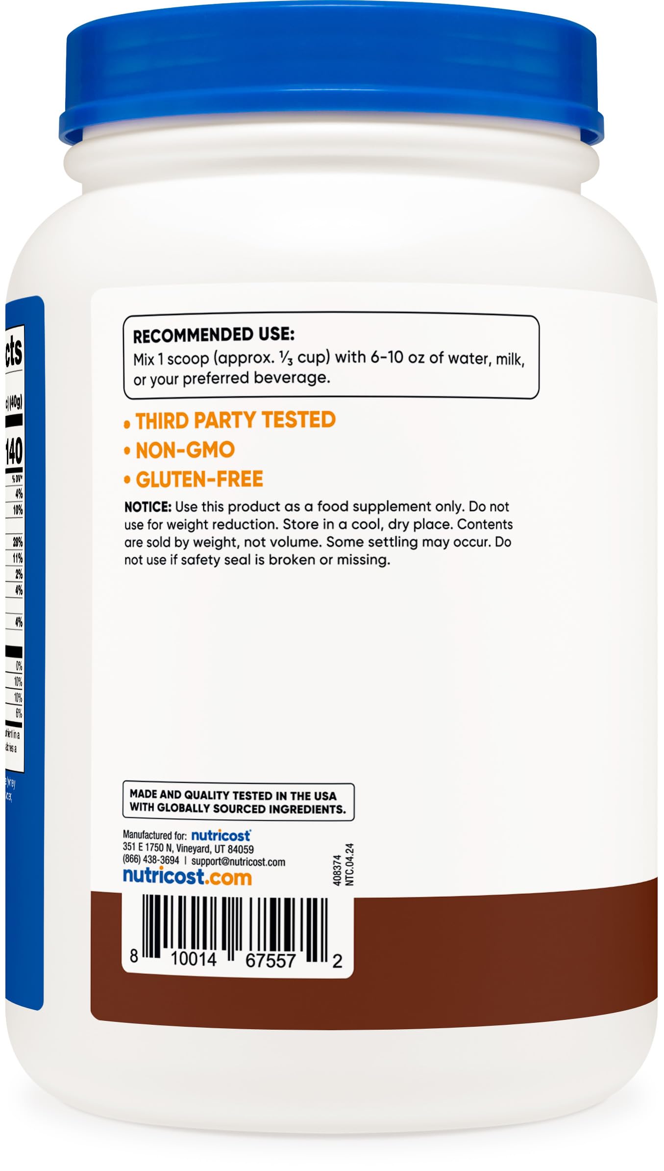Nutricost grass-fed whey concentrate chocolate powder close-up emphasizes creamy texture
