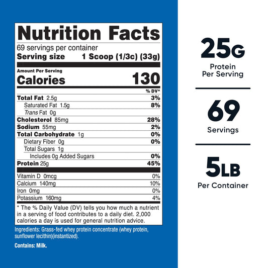 Nutricost grass-fed whey protein concentrate unflavored powder with scoop for versatile mixing.