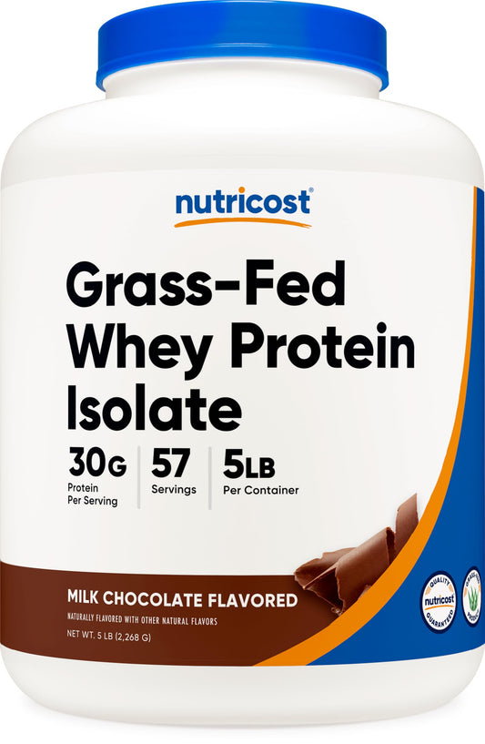 Nutricost Grass-Fed Whey Protein Isolate chocolate bottle with premium protein source for shakes.