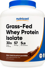 Nutricost Grass-Fed Whey Protein Isolate chocolate bottle with premium protein source for shakes.