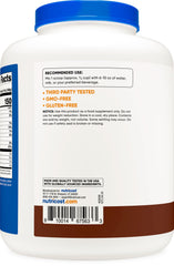 Nutricost Grass-Fed Whey Protein Isolate chocolate bag and scoop with 5 lbs value.