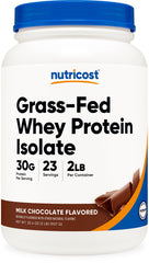 Nutricost Grass-Fed Whey Protein Isolate Chocolate bottle, high-protein option for workouts