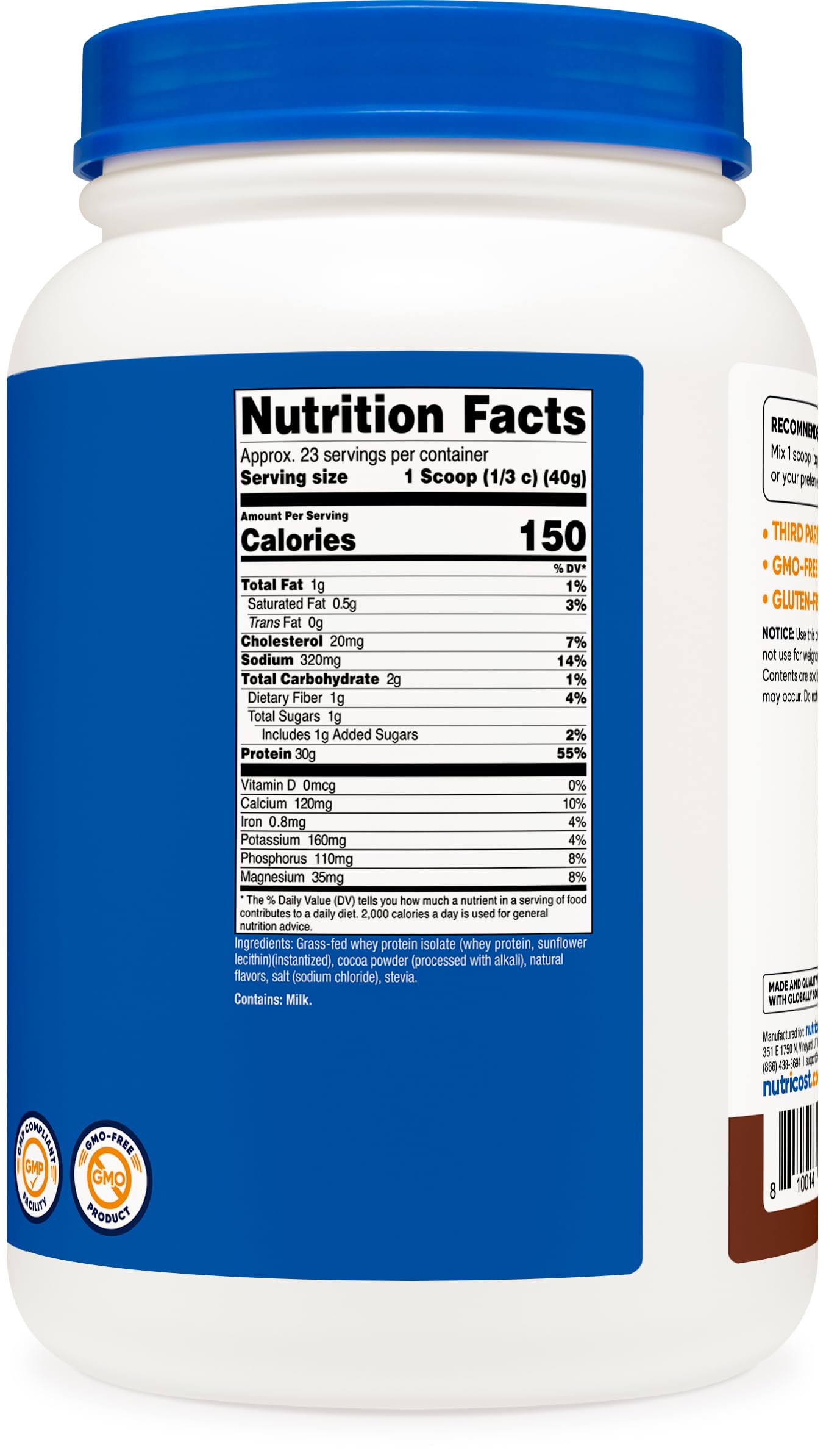 Nutricost Grass-Fed Whey Protein Isolate Chocolate tub on a kitchen counter, gluten-free protein