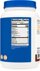 Nutricost Grass-Fed Whey Protein Isolate Chocolate tub on a kitchen counter, gluten-free protein