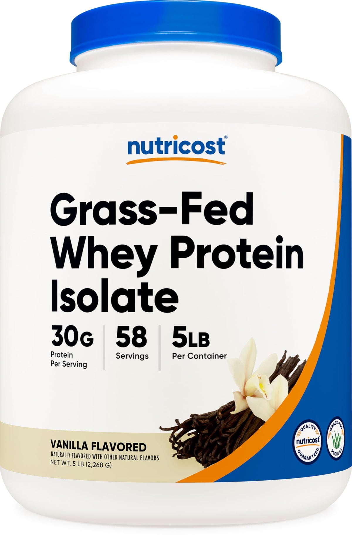 Nutricost Grass-Fed Whey Protein Isolate Vanilla 5lb bottle for convenient daily use