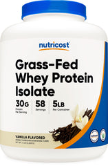 Nutricost Grass-Fed Whey Protein Isolate Vanilla 5lb bottle for convenient daily use