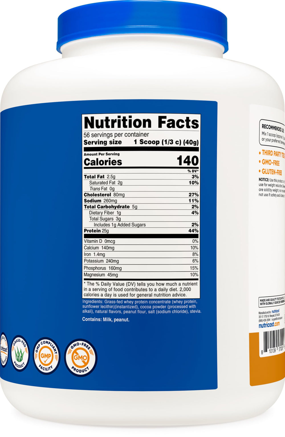 Nutricost grass-fed whey protein in kitchen, easy mix with water or milk.