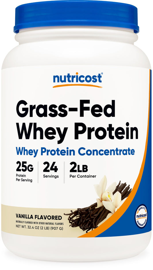 Nutricost Grass-Fed Whey Vanilla bottle ideal for post workout shakes