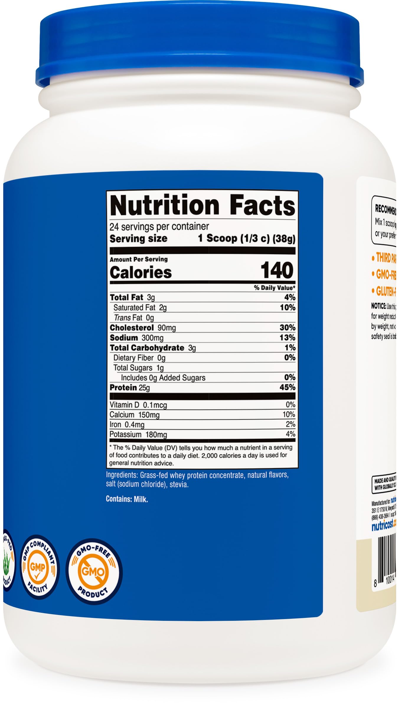 Nutricost Grass-Fed Whey Vanilla label highlights purity and certifications