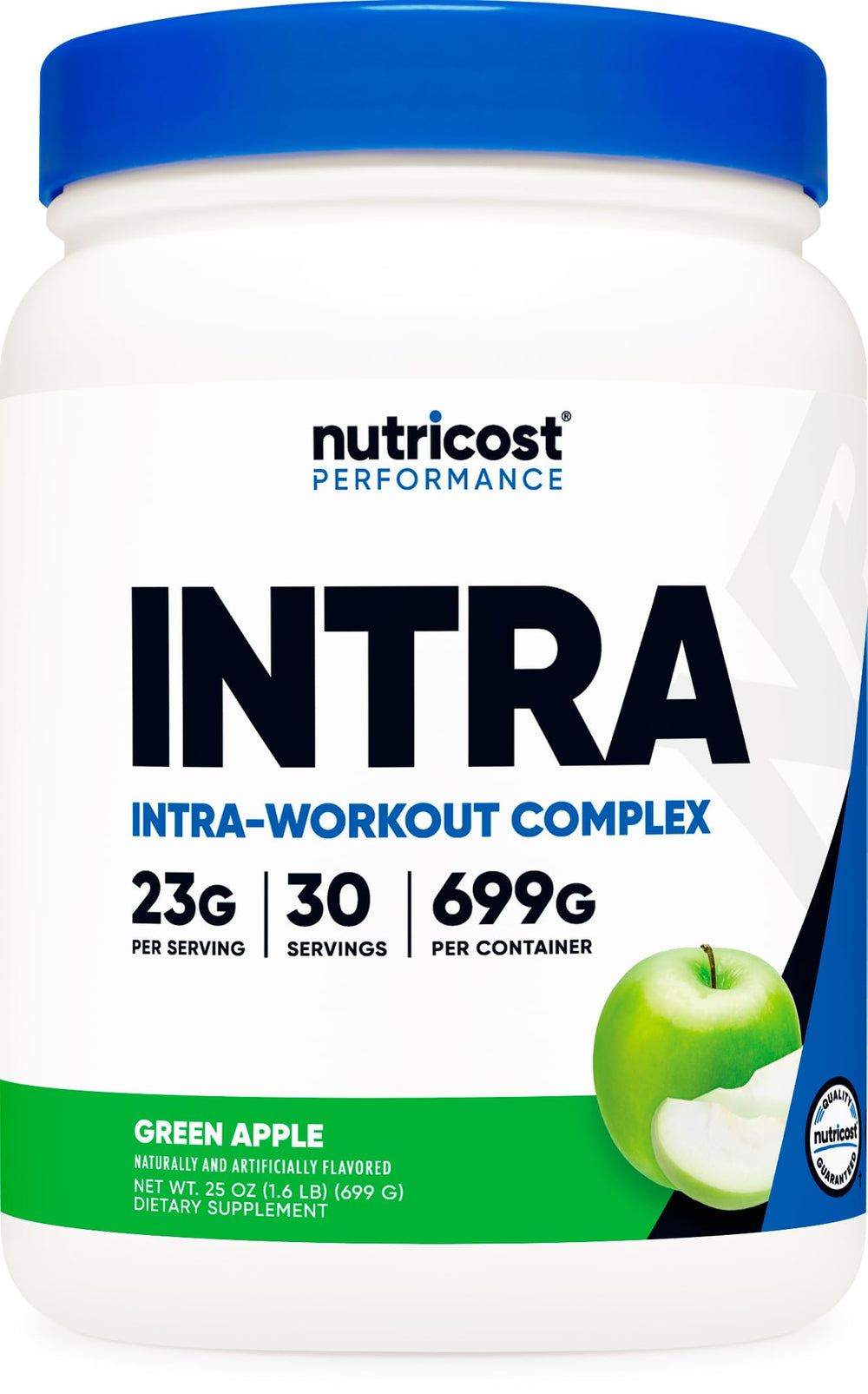 Nutricost Intra Green Apple powder tub, showcasing a crisp taste and energy support.