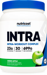 Nutricost Intra Green Apple powder tub, showcasing a crisp taste and energy support.