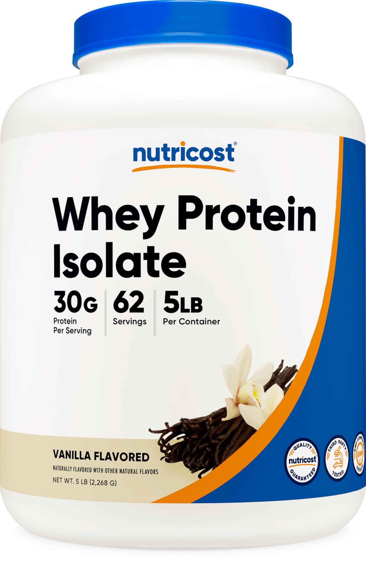 Nutricost Isolate Whey Vanilla 5 lbs front view for daily shakes.