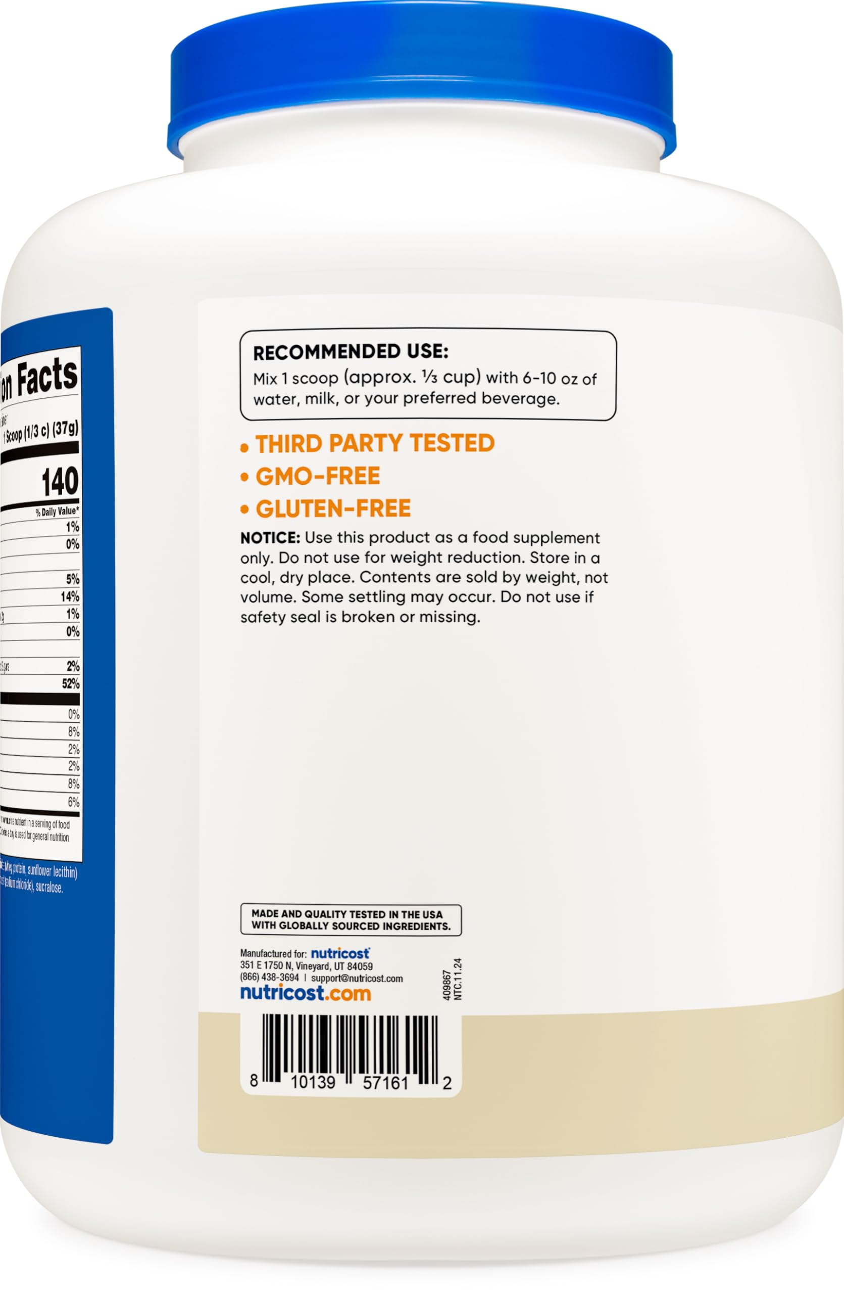 Nutricost Isolate Whey Vanilla 5 lbs label close-up highlighting certifications and flavor.