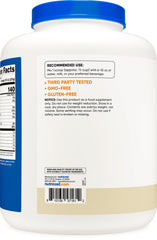 Nutricost Isolate Whey Vanilla 5 lbs label close-up highlighting certifications and flavor.
