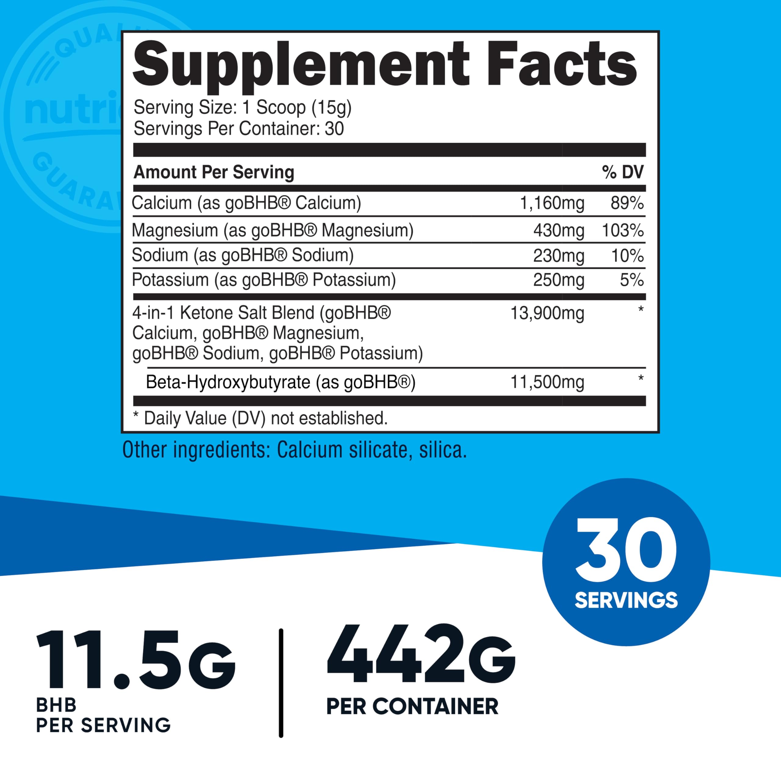 Nutricost Keto BHB bottle label close-up, highlighting 11.7 g BHB per serving