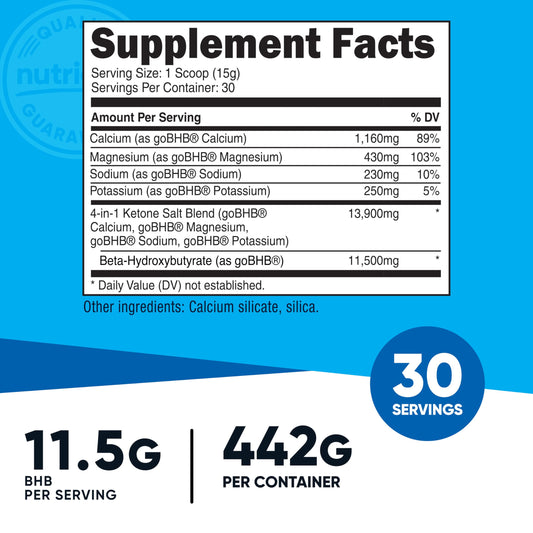 Nutricost Keto BHB bottle label close-up, highlighting 11.7 g BHB per serving