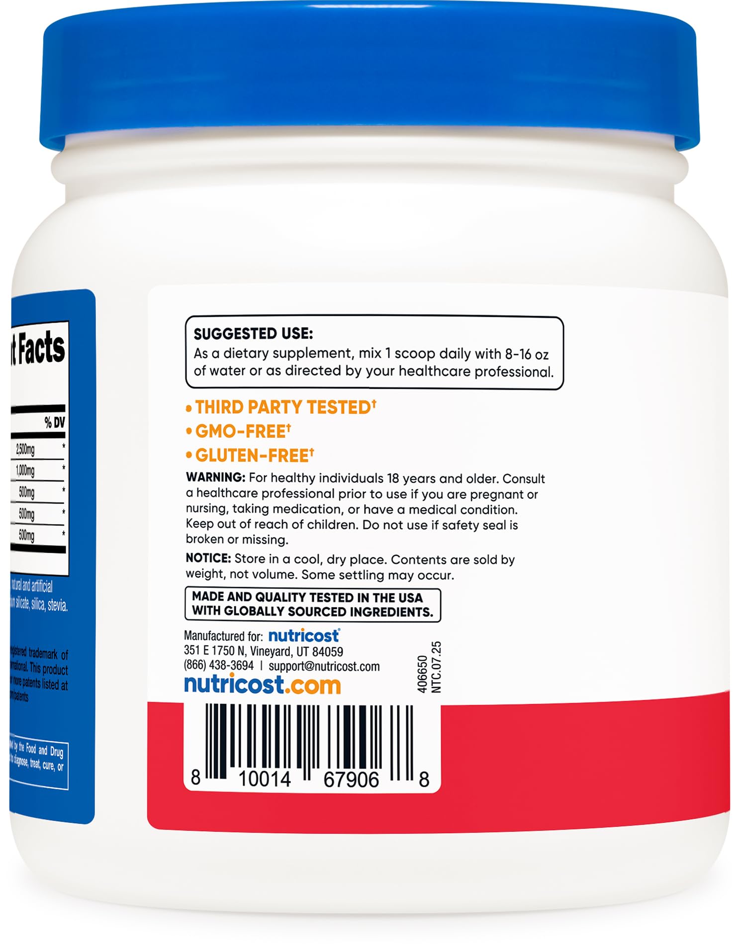 Nutricost L-Arginine Complex label highlights gluten-free, non-GMO formulation.
