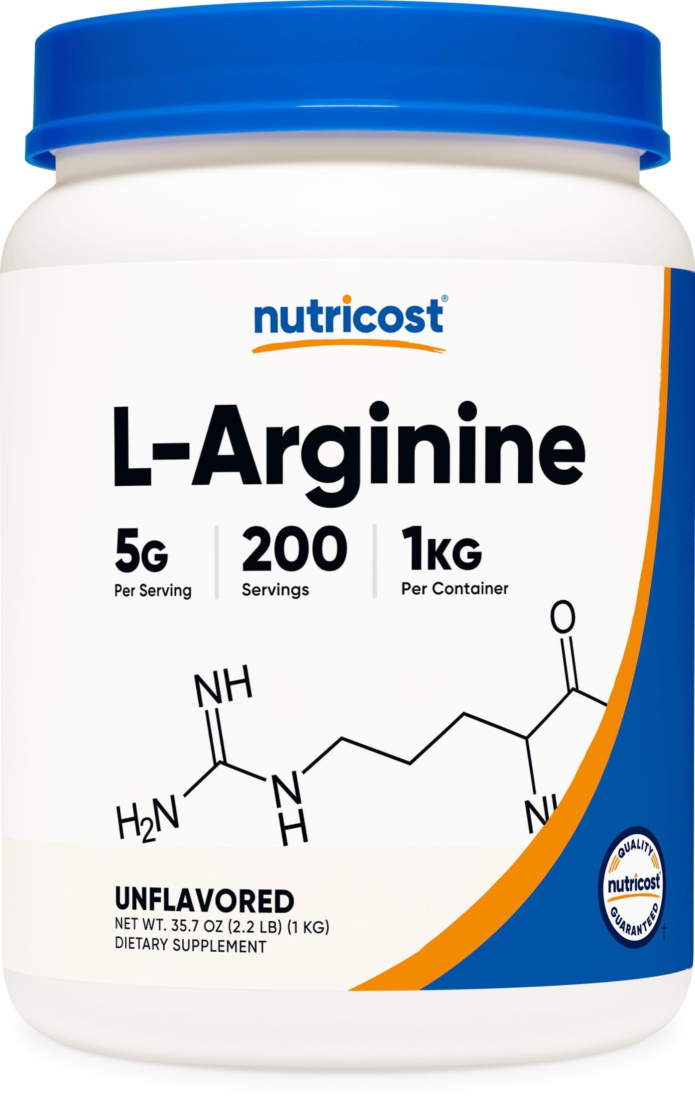Nutricost L-Arginine Powder bottle front showing 1 kg supply for easy daily use