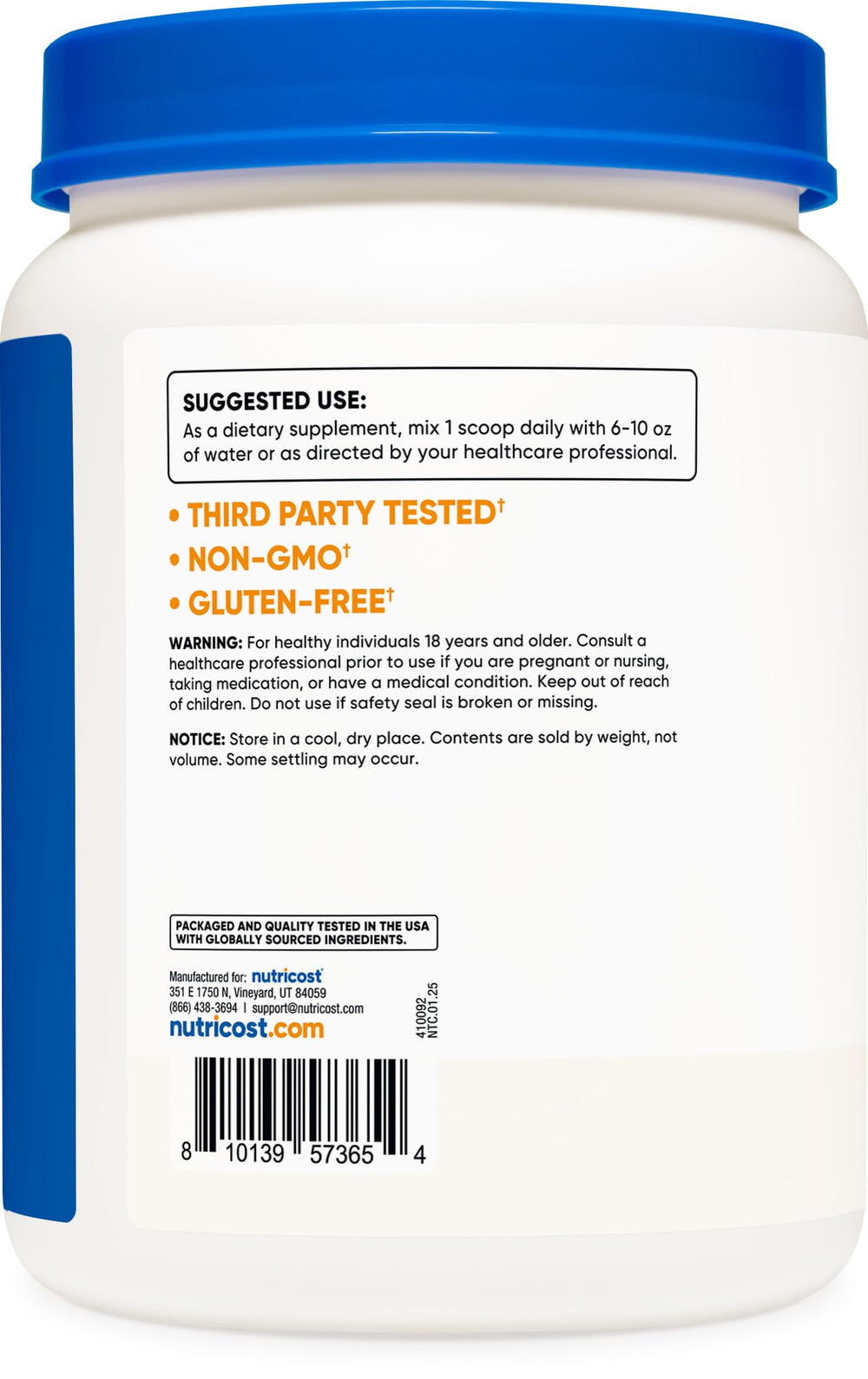 Nutricost L-Arginine Powder label highlights non-GMO and gluten-free attributes