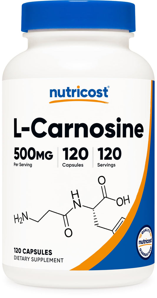 Nutricost L-Carnosine 500mg bottle with clear label for daily use.