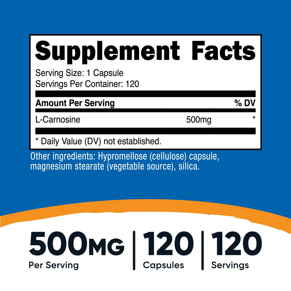 Closeup of Nutricost L-Carnosine capsules for easy dosing.