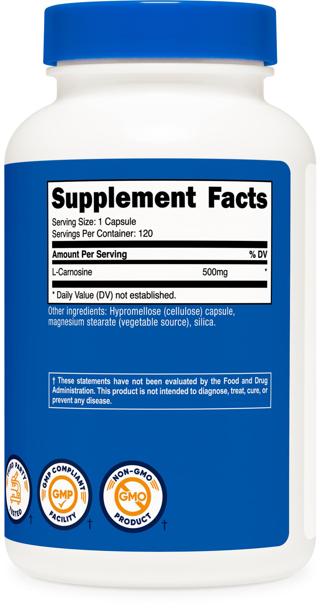 Packaging back of Nutricost L-Carnosine detailing GMP and FDA-registered facilities.