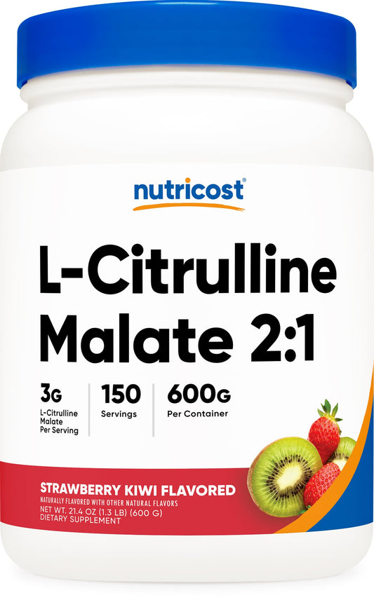 Nutricost L-Citrulina Malato 2:1, sabor fresa kiwi, bote para entrenamientos