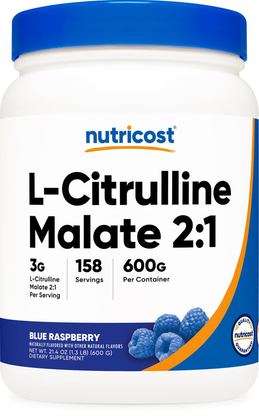 Frasco de Nutricost L-Citrulline Malate 2:1 sabor frambuesa azul para entrenamientos