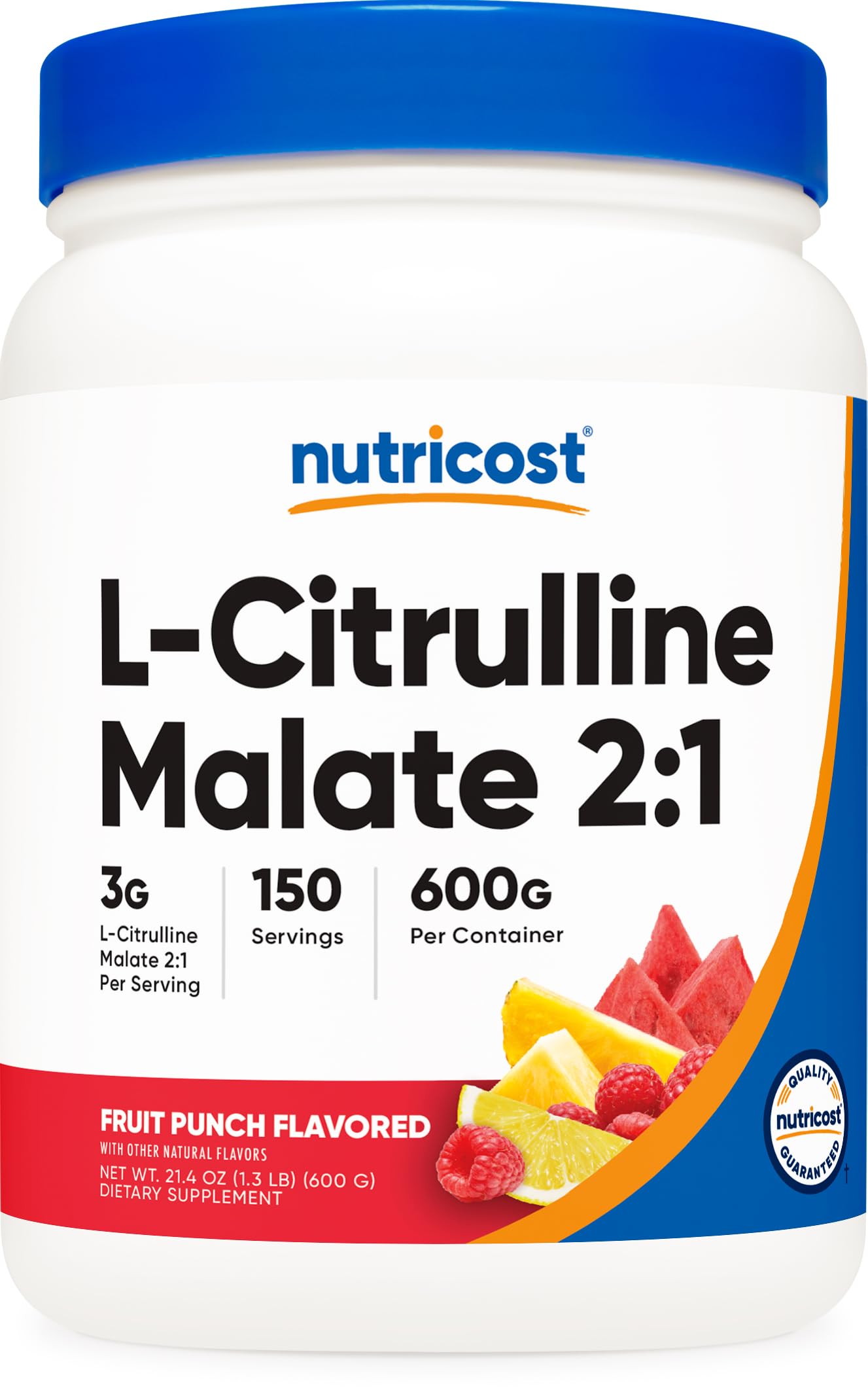 Nutricost L-Citrulline Malate 2:1 Fruit Punch bottle offers refreshing pre-workout support.