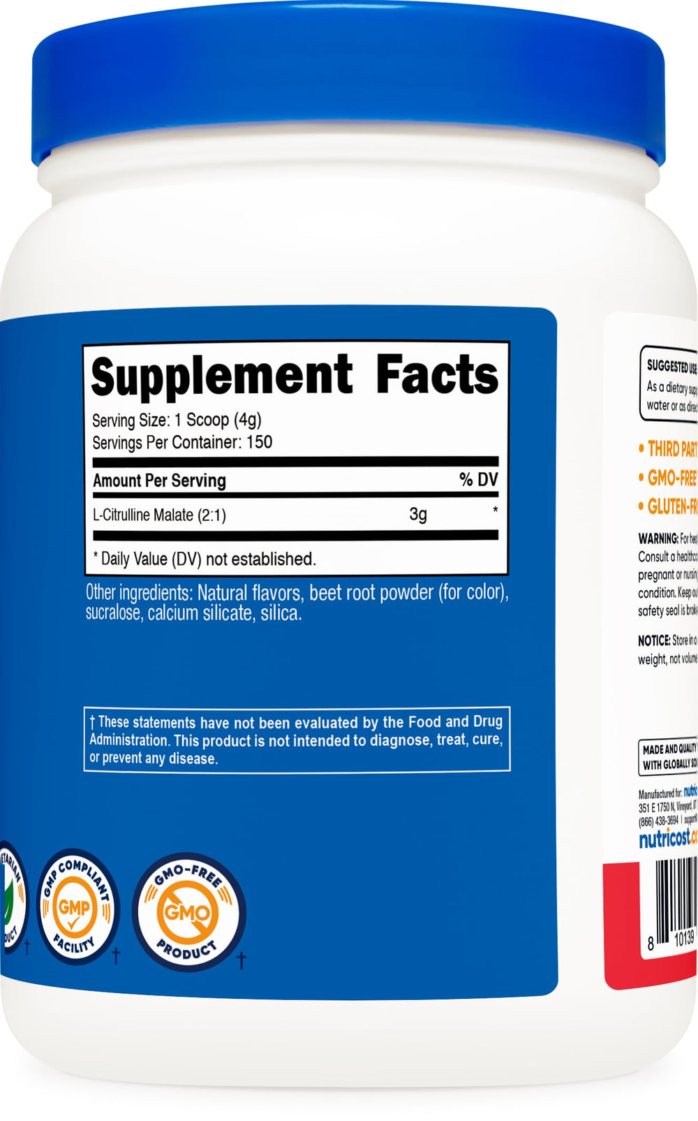 Nutricost L-Citrulline Malate 2:1 Fruit Punch label highlighting GMP quality.