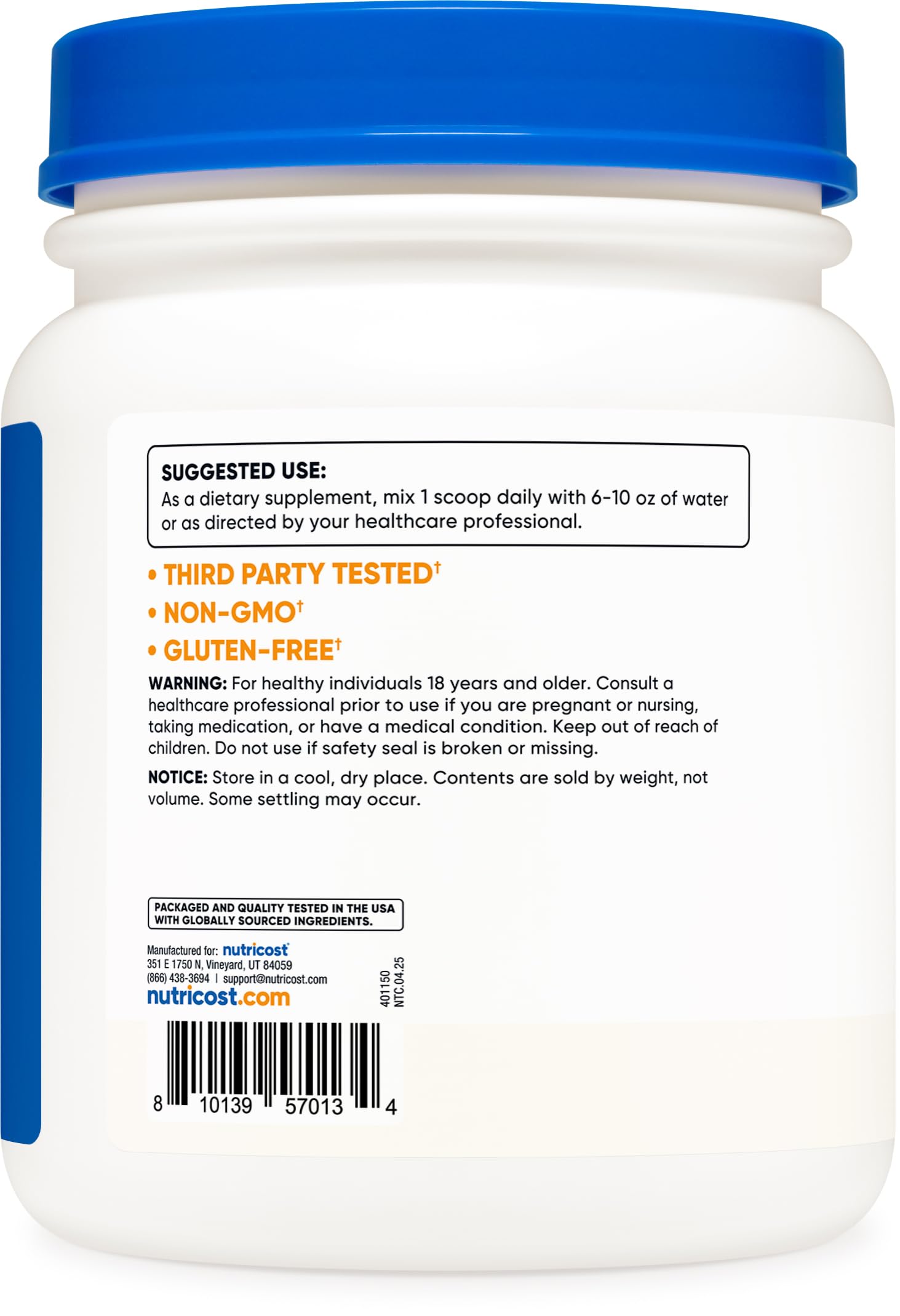 Nutricost L-Tyrosine powder jar highlighting gluten-free, non-GMO formula.