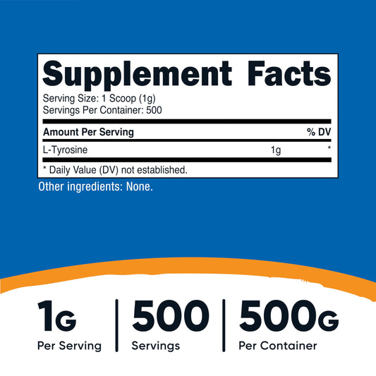 Scoop beside Nutricost L-Tyrosine powder for easy daily dosing.
