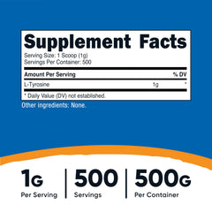 Scoop beside Nutricost L-Tyrosine powder for easy daily dosing.
