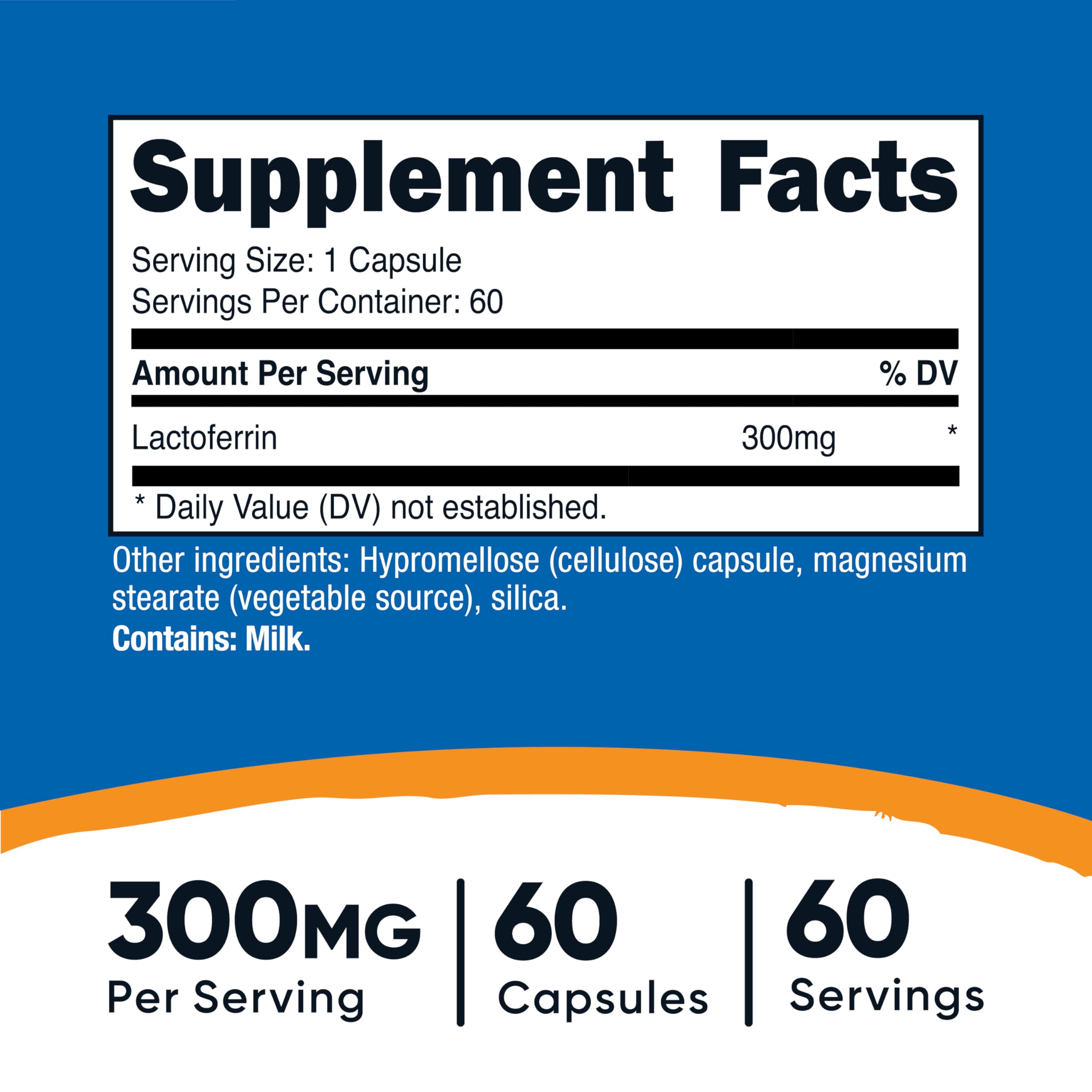 Nutricost Lactoferrin capsules bottle back label: clear ingredients and dietary-friendly details.