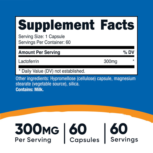 Nutricost Lactoferrin capsules bottle back label: clear ingredients and dietary-friendly details.