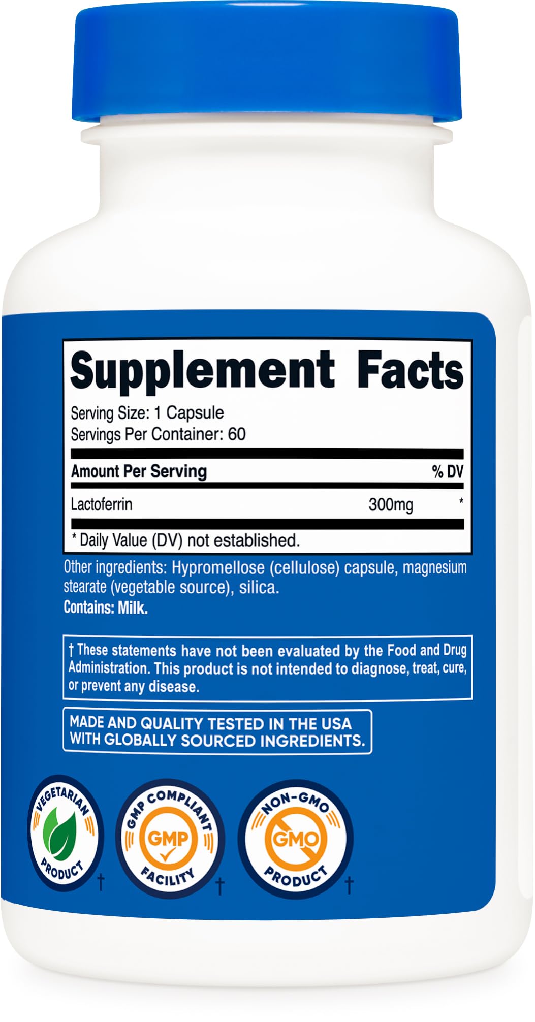 Nutricost Lactoferrin capsules packaging box: GMP-compliant and third-party tested.