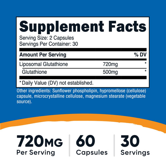 Nutricost Liposomal Glutathione capsules close-up showing easy, vegan daily use.