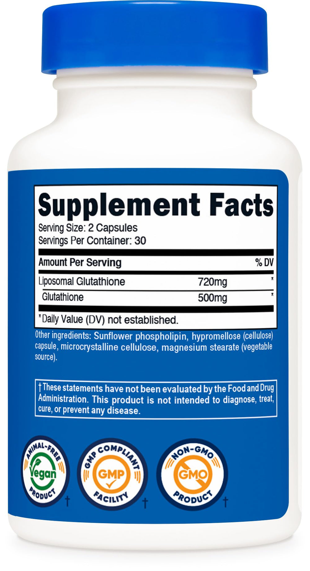 Nutricost Liposomal Glutathione photographed in a facility signifying NSF-certified production.
