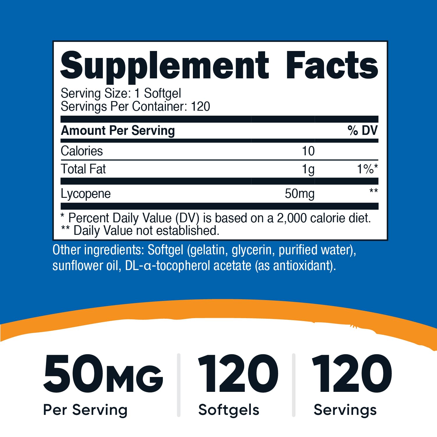 Nutricost Lycopene 50mg softgels bottle label close-up highlighting non-GMO and gluten-free features.