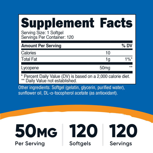 Nutricost Lycopene 50mg softgels bottle label close-up highlighting non-GMO and gluten-free features.