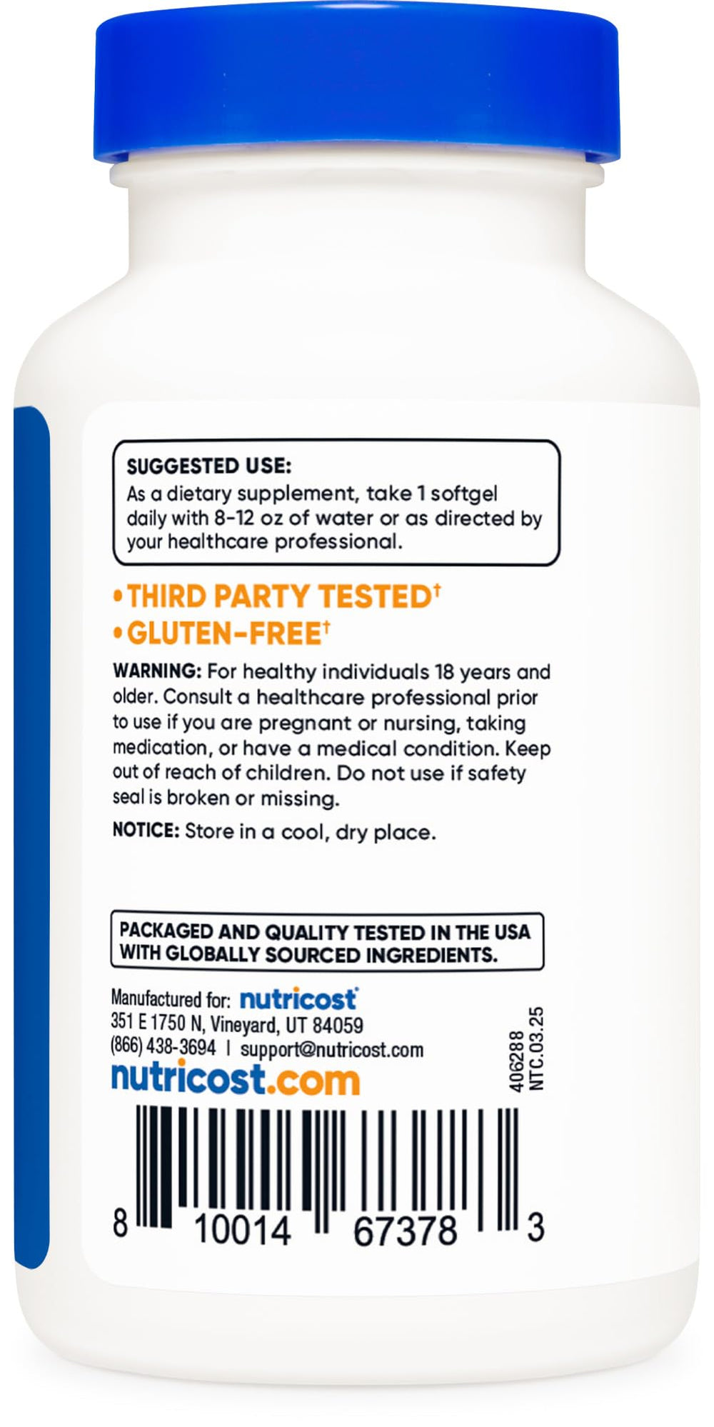 Nutricost Lycopene 50mg softgels bottle beside nutrition panel for ingredient transparency.