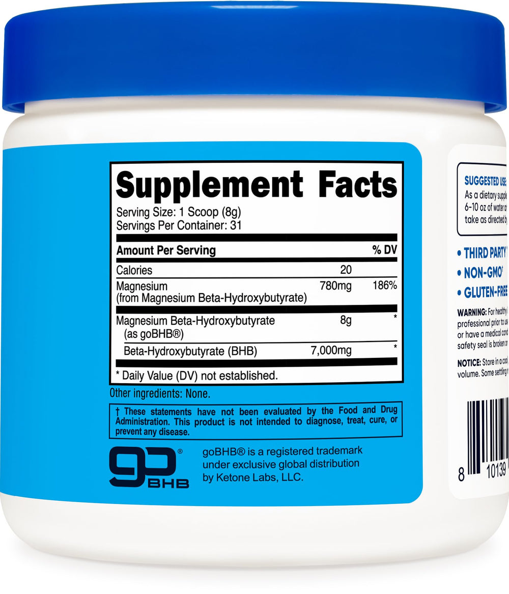Nutricost Magnesium BHB Salts bottle label closeup highlights GMP and FDA registrations