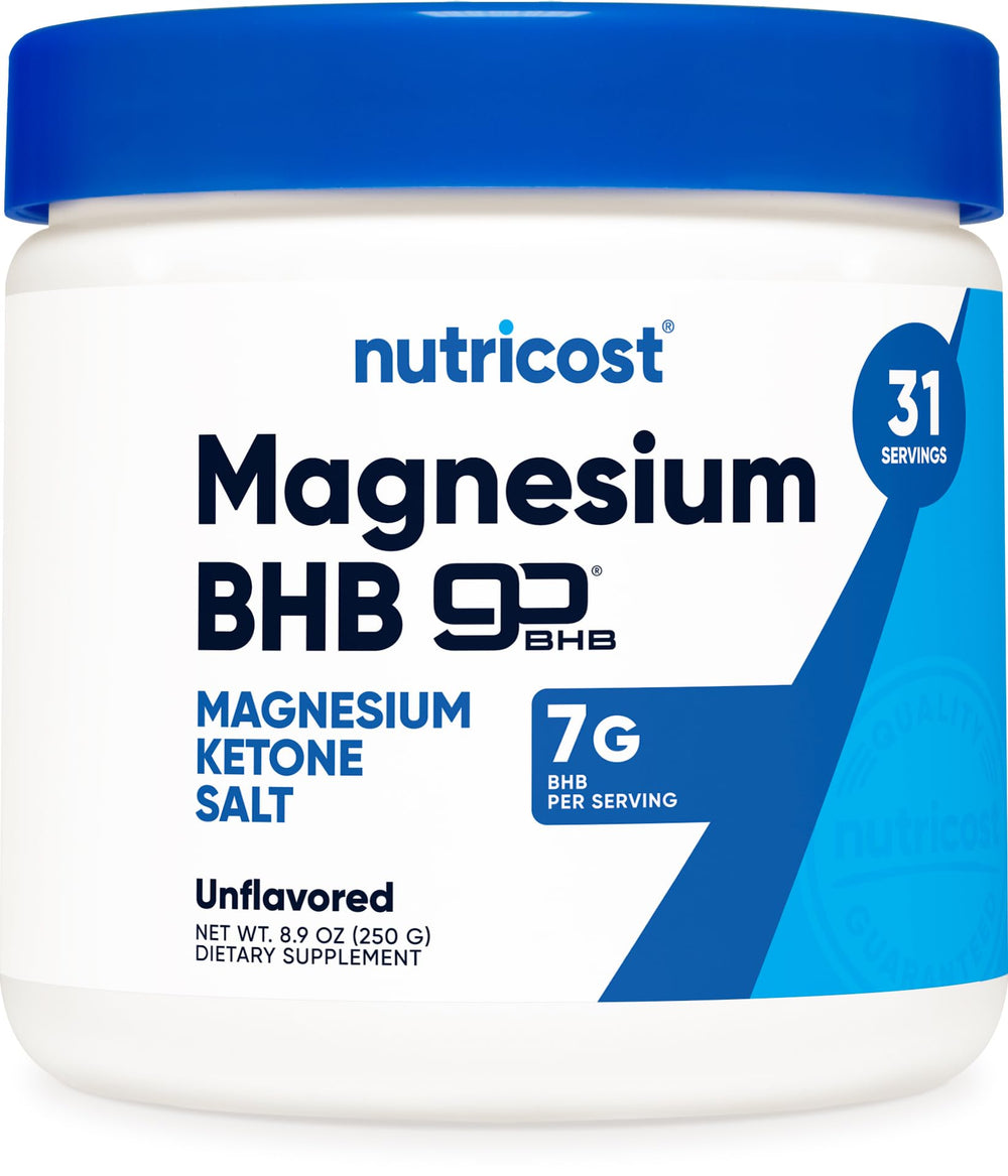 Nutricost Magnesium BHB Salts bottle showing 6.5g BHB per serving for keto energy