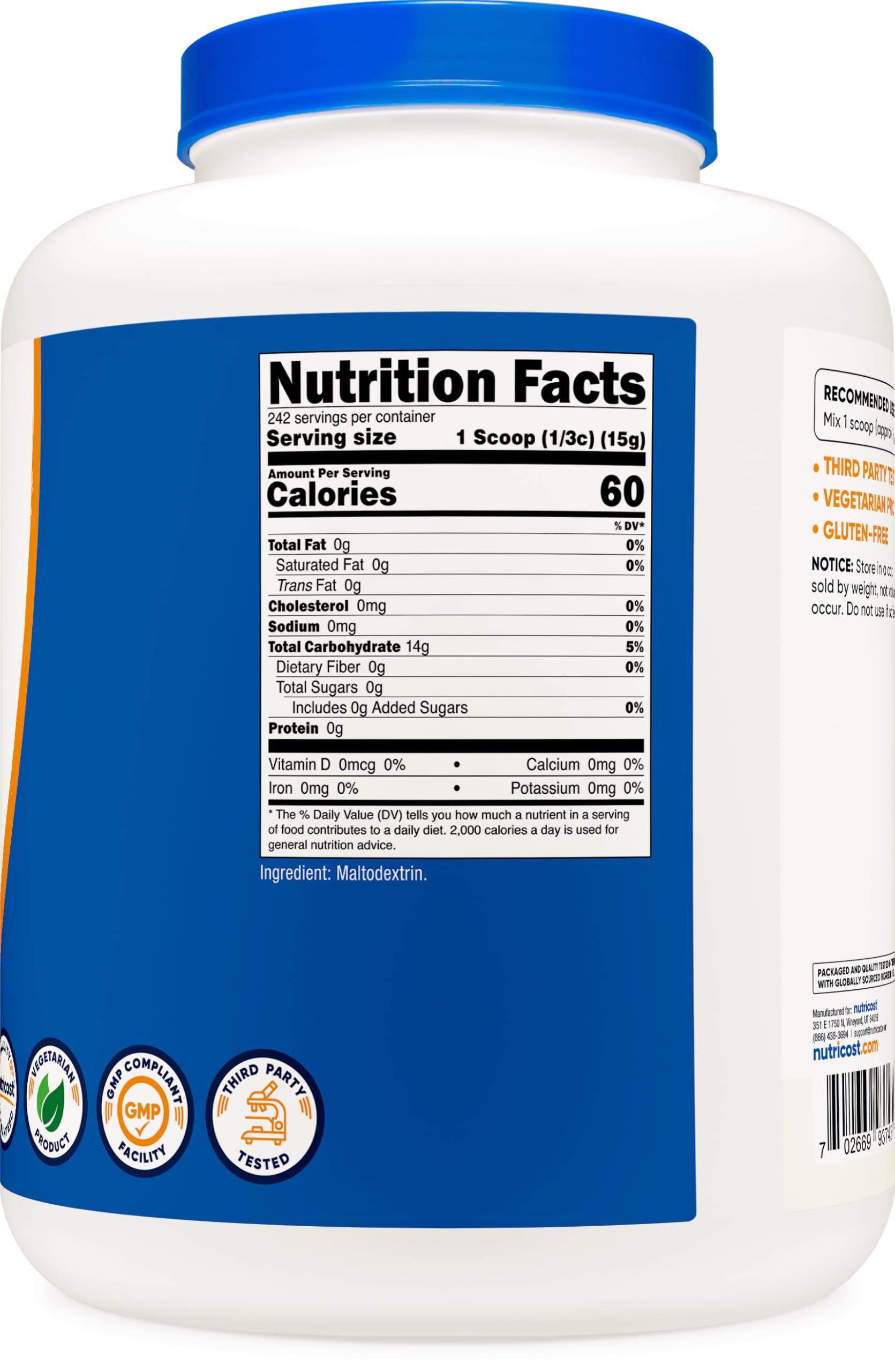 Nutricost Maltodextrin powder facility sign confirms manufacturing standards