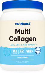 Nutricost Multi Collagen Protein Complex bottle on a kitchen counter, convenient daily supplement.